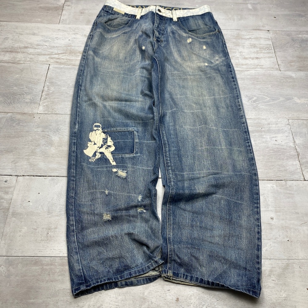 Davoucci Baggy Jeans Mens 36x33 Blue Distressed Y2K Hip Hop Graphic Wide Leg
